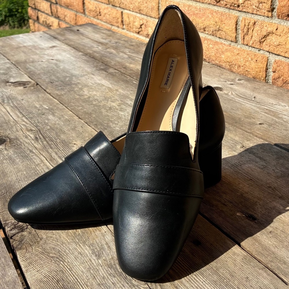 Alex Marie Black Leather Block Heel Loafers Square Toe Women's Size 8M